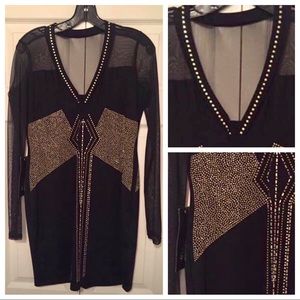 NWT Bebe bodycon- black with gold rhinestones
